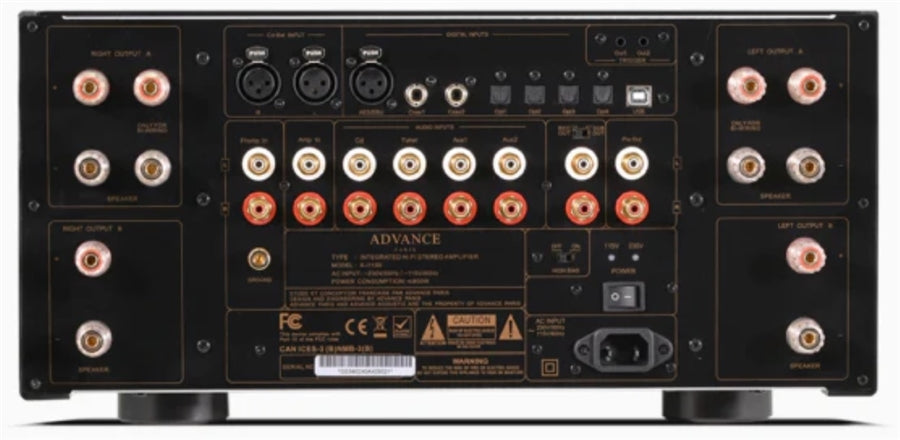 The Advance Paris X-i1100 Integrated Amplifier is a class A/B amp with 220W of power into 8 ohms.It has an onboard Burr Brown DAC and MM Phono Stage with VU meters.