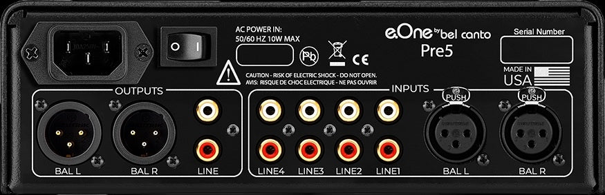 Bel Canto Pre5 is a very good PreAmp with remote control and white display. 4 RCA inputs and 1 Balanced input.