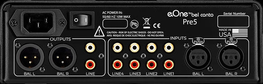 Bel Canto Pre5 is a very good PreAmp with remote control and white display. 4 RCA inputs and 1 Balanced input.