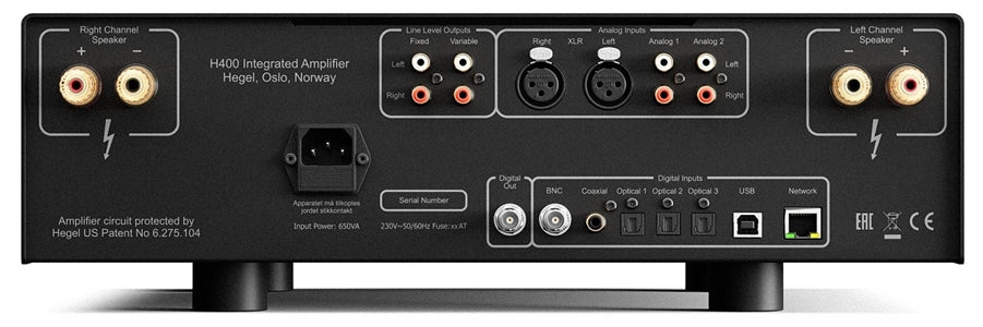 The Hegel H400 does it all with 250 class AB watts into 8 ohm, an onboard DAC and streaming. Very modern indeed!