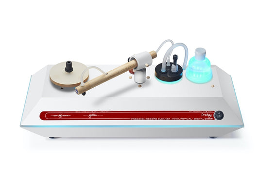 A premium record cleaning machine from Keith Monks, the Prodigy Deluxe Galileo White Record and Disc Cleaning Machine for spotless records and discs.