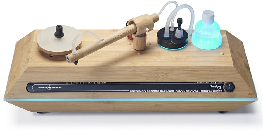 Prodigy Plus Record Cleaning Machine in Natural Bamboo Finish is an enhanced mini natural bamboo Record & Digital Disc Cleaner.