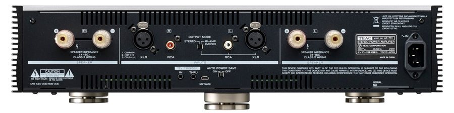 The TEAC AP-701B is a high-performance stereo power amplifier featuring a dual mono design and custom-made Hypex Ncore power modules.