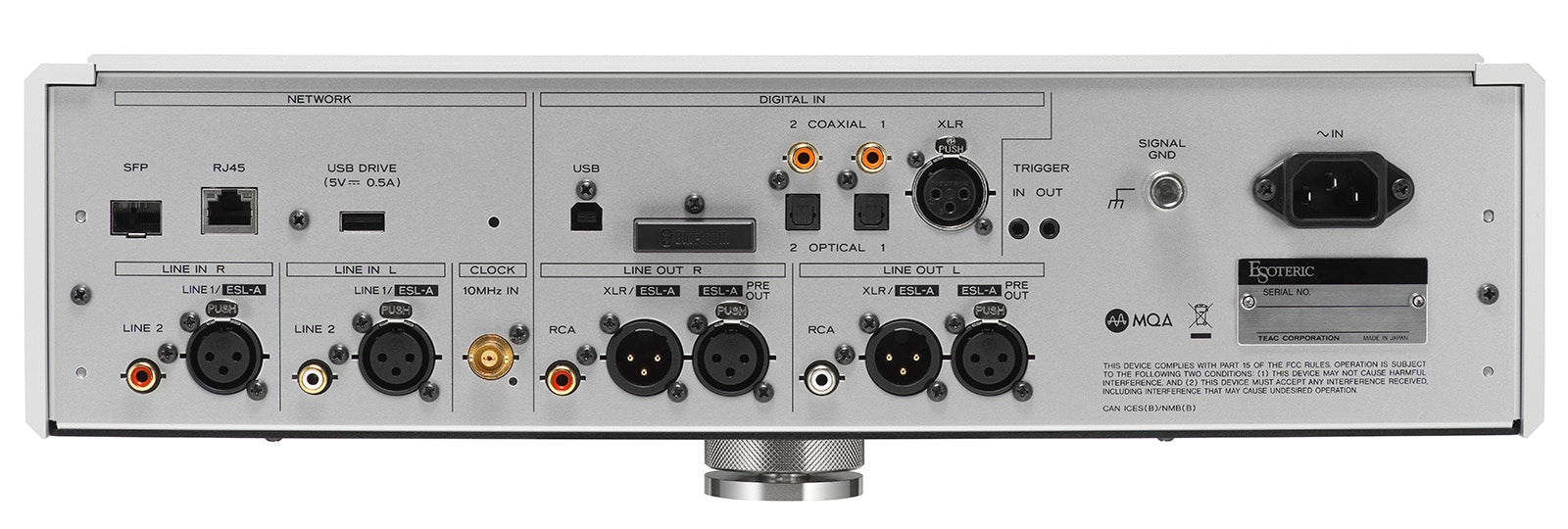 Back panel of the Esoteric N-05XE Network DAC Preamplifier with a variety of interface connectors